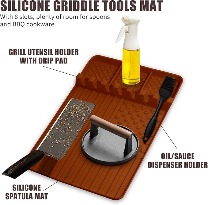 2 PCS Silicone Grill Mat Compatible with Blackstone, BBQ Griddle Tools Mat with Drip Pad, Spatula for Outdoor Kitchen Counter, Gifts for Men(brown-2)