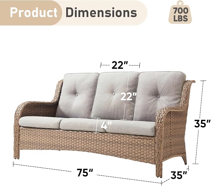 Outdoor Couch All Weather PE Wicker Patio Sofa Outdoor Sofa Deep Seating for Porch Deck Backyard-Yellow Wicker/Beige