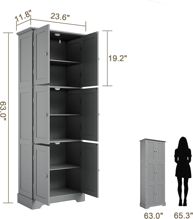 ChooChoo 63.2" Tall Bathroom Storage Cabinet with 6 Doors | Freestanding Floor Cabinet, Adjustable Shelves, Pantry Cabinet for Bathroom, Kitchen, Laundry Room, Grey