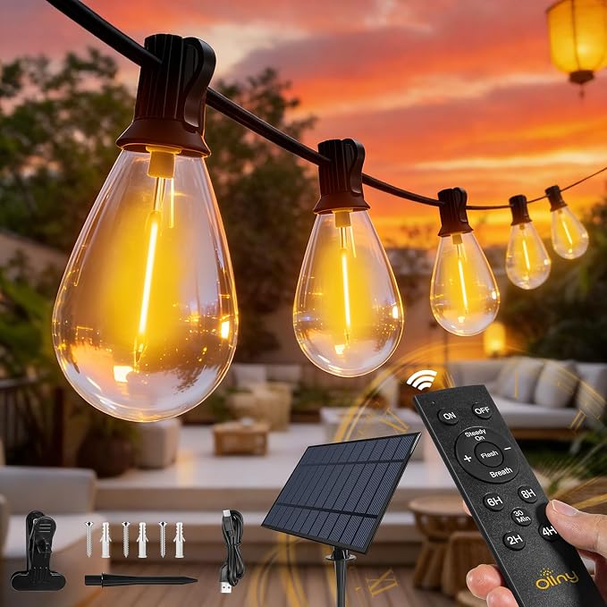 Ollny S11 50FT Solar String Lights Outdoor Waterproof Dimmable for Backyard | Patio Lights with Remote & Timer & 3 Lighting Modes, Shatterproof Edison Bulbs, String Lights for Outside Party Décor ﻿