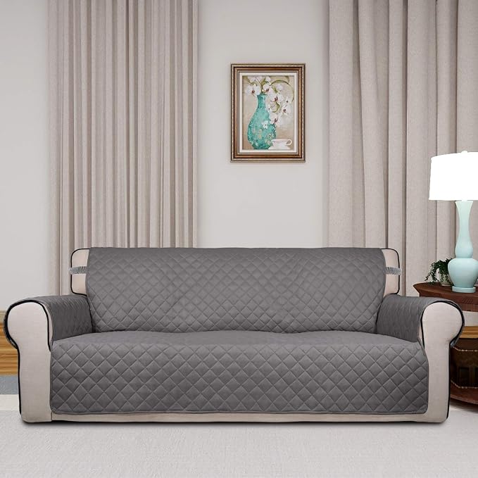 PureFit Reversible Quilted Sofa Cover Dog Couch Covers for Sofa, 66 in | Gray/Light Gray, Water Resistant Couch Protector, Washable Pet Couch Cover with Non Slip and Elastic Straps For Kids