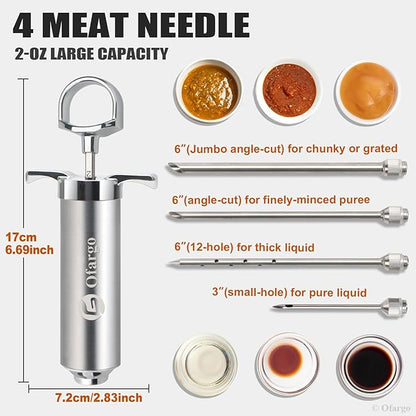 Ofargo Stainless Steel Meat Injector Syringe Kit with 4 Marinade Needles for BBQ Grill Smoker, Father Day Gifts for Dad Husband Men Him, 2-oz Large Capacity, Both Paper User Manual and E-Book Recipe