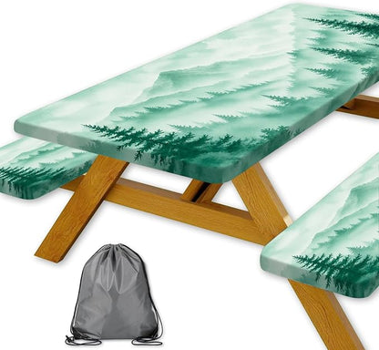 Picnic Table Cover with Bench Covers, Camping Essentials, Green Misty Forest Mountain Waterproof Fitted Outdoor Tablecloth with Elastic Rectangle Table Cloth Camping Accessories, 3 Pcs Set, 30x96 Inch
