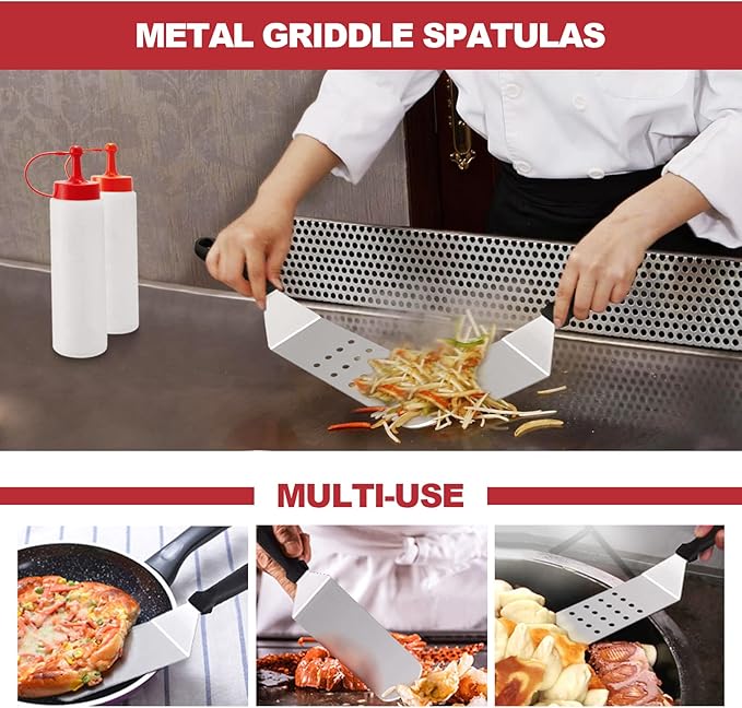 HaSteeL Griddle Accessories Kit of 8, Heavy Duty Metal Spatula Chopper, Professional Stainless Steel Griddle Tools with Storage Bag, Great for Flat Top Teppanyaki Cast Iron BBQ Grilling Indoor Outdoor