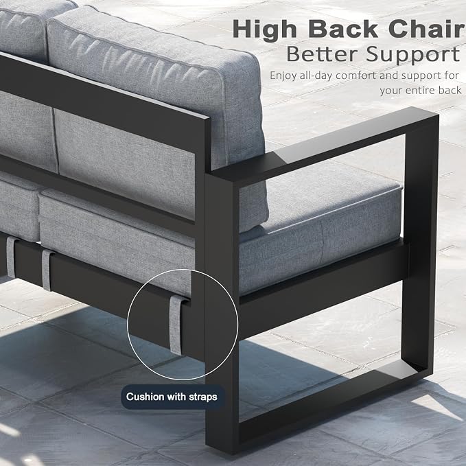 LayinSun Outdoor Patio Aluminum Sofa, Metal Modern 3-Seat Couch with Washable Thick Cushions