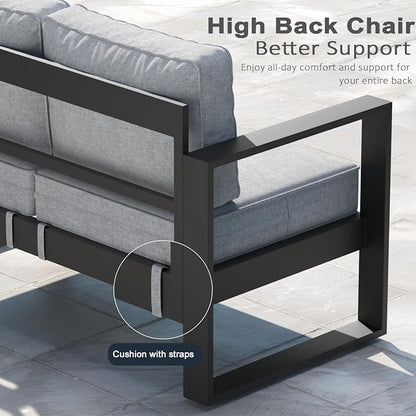 LayinSun Outdoor Patio Aluminum Sofa, Metal Modern 3-Seat Couch with Washable Thick Cushions