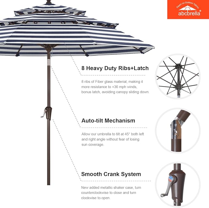 ABCCANOPY 9FT 3-Tier OLEFIN® Patio Umbrella with Stripe, 5-Year No Fading | Heavy Duty Fade-Resistance Outdoor Umbrella, 8 Sturdy Ribs, Tilt, Crank for Deck, Backyard, Garden, Yard, Pool, Navy Stripe