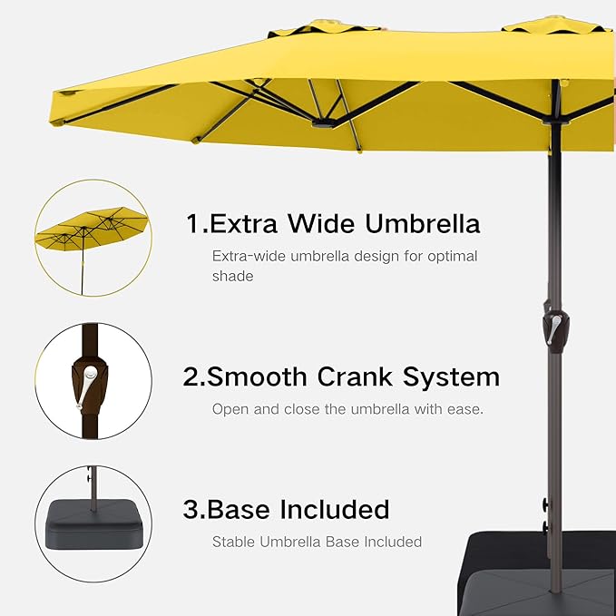Kingdura 13ft Large Patio Umbrella with Base Included, Double-Sided Rectangle Outdoor Table Umbrella with 12 Reinforced Ribs, Crank Lift for Market Pool Deck Backyard, Yellow