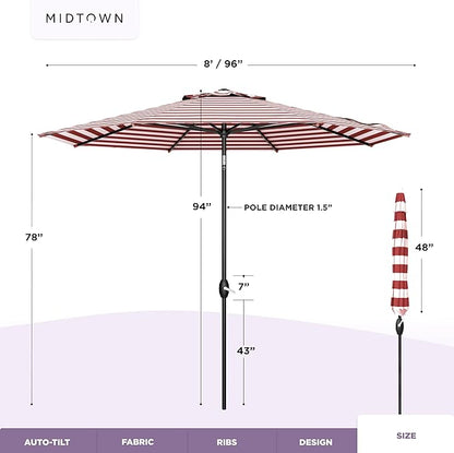 MIDTOWN UMBRELLAS The Lean 8 Feet Outdoor Umbrella With Terylast Red Stripes (Red/White Stripes) Polyester Fabric - 8 Ribs Aluminum Frame Patio Umbrella With Zinc Alloy Crank Lift And Auto-Tilt System