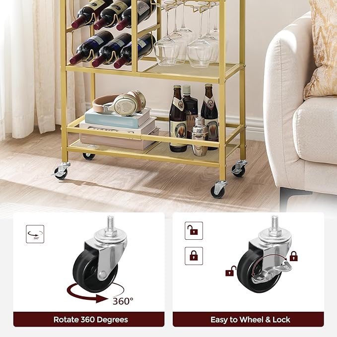 MAHANCRIS Bar Cart for Home, 3-Tier Serving Cart with Wheels and Handle, Beverage Cart with Wine Rack and Glass Holders, Rolling Wine Cart for Kitchen, Dining Room, Gold and White RCJM6101