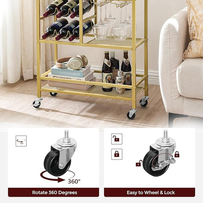 MAHANCRIS Bar Cart for Home, 3-Tier Serving Cart with Wheels and Handle, Beverage Cart with Wine Rack and Glass Holders, Rolling Wine Cart for Kitchen, Dining Room, Gold and White RCJM6101