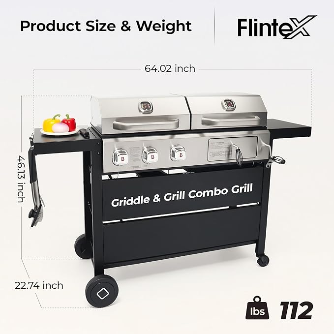 Flintex Propane Gas and Charcoal Grill Combo with Griddle Pan & Porcelain-Enameled Cast Iron Grates, Dual Fuel BBQ Grill for Outdoor Events & Backyard Barbecue, 720 SQIN Cooking Area