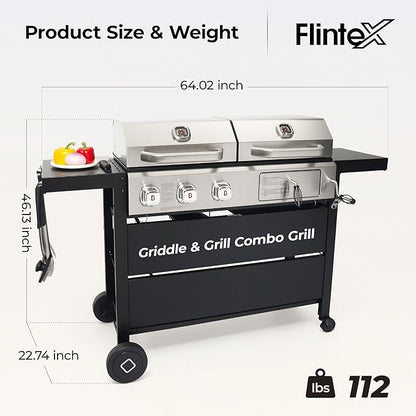 Flintex Propane Gas and Charcoal Grill Combo with Griddle Pan & Porcelain-Enameled Cast Iron Grates, Dual Fuel BBQ Grill for Outdoor Events & Backyard Barbecue, 720 SQIN Cooking Area