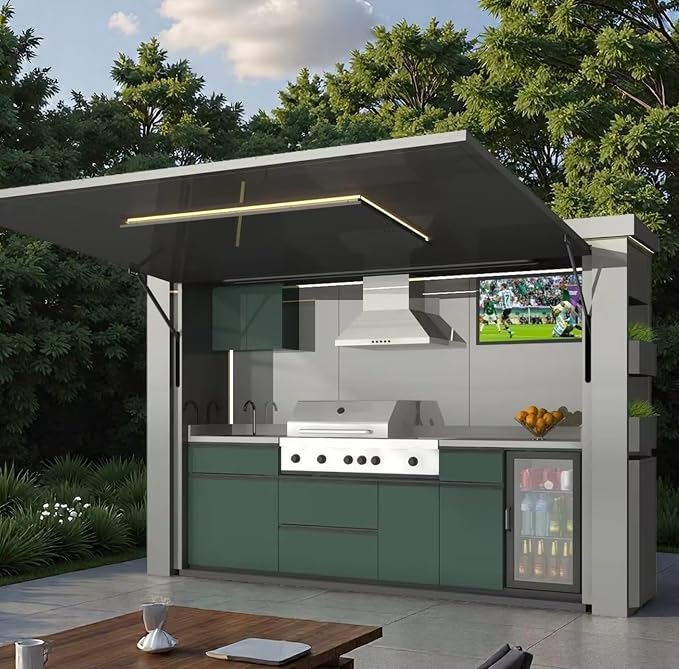Modular Outdoor Kitchen Island with Built-in Gas Grill & Rotisserie, Stainless Steel BBQ Station with Refrigerator, Sink – Expandable Outdoor Kitchen Pod for Backyard, Deck, Patio, Garden