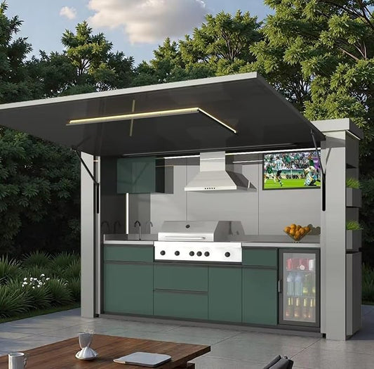 Modular Outdoor Kitchen Island with Built-in Gas Grill & Rotisserie, Stainless Steel BBQ Station with Refrigerator, Sink – Expandable Outdoor Kitchen Pod for Backyard, Deck, Patio, Garden