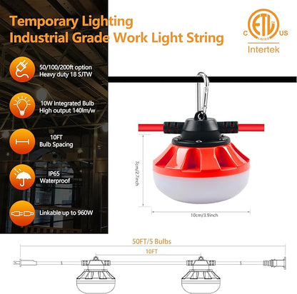 LED Construction Light, Christmas String Lights,200FT, 20000LM Industrial LED Work Lights, Super Bright Temporary Lighting for Job , Work,Outdoor, Indoor for Holiday Decoration & Practical Lighting