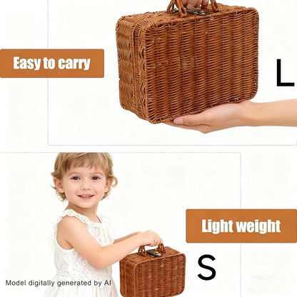2pcs Mini Wicker Picnic Basket, Decorative Prop Suitcase Vintage Storage Hamper Makeup Organizer, Metal Lock Rattan Storage Box with Handles for Sundries Travel Camping and Outdoor Party (Brown, L+S)
