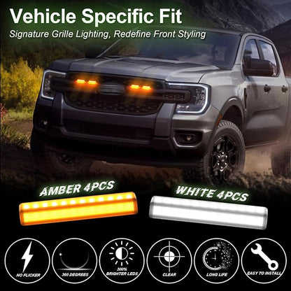 4PCS Front Grille Lights for Ford Ranger 2019-2026 Amber Light | Bright Bumper Grill Light Bar LED Running Lamps Fit for XL XLT Lariat Car Accessories