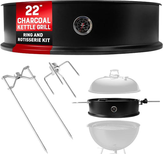 KANKA Kettle Grill BBQ Rotisserie Kit – 22 In Heavy-Duty Outdoor Rotisserie System Includes Motor, Stainless Steel Spit Rod, Thermometer & Tight-Fit Ring to Enhanced Smoke & Flavor Control
