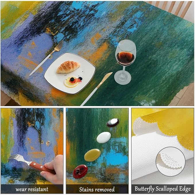 Swono Abstract Painting Table Cloth Sun Ball Yellow Turquoise Rectangle Tablecloth Picnic Table Cover BBQ Table Cloths Polyester for Kitchen Parties Patio and Camping 50x72 Inch