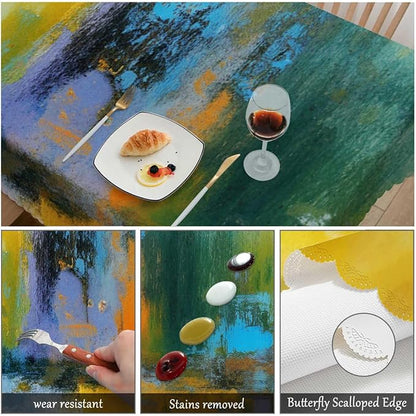 Swono Abstract Painting Table Cloth Sun Ball Yellow Turquoise Rectangle Tablecloth Picnic Table Cover BBQ Table Cloths Polyester for Kitchen Parties Patio and Camping 50x72 Inch