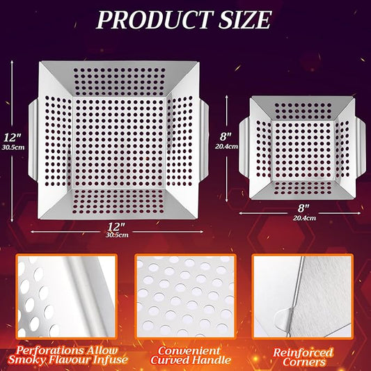 Grill Baskets for Outdoor Grills Set, 2 Sizes Stainless Steel Grill Baskets with BBQ Gloves for Veggies, Fish & Shrimp, Grilling Accessories Gifts for Dad, Husband, Friends, Father's Day