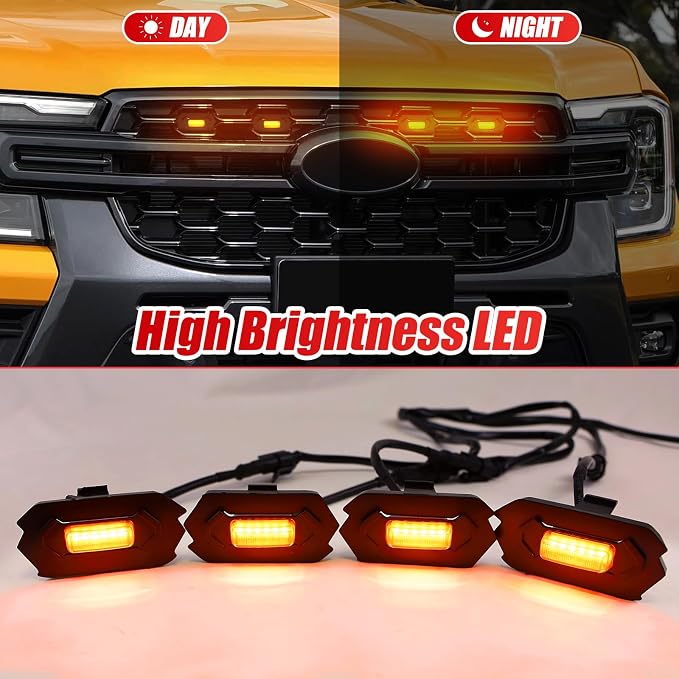 Upgraded 4 PCS Led Grill Lights Compatible with Ford Ranger T9 2022-2025 | Fuse and Instruction Included-Smoked Black