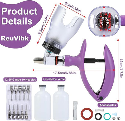 5ML Livestock Syringes, Automatic Self Refill Syringe Continuous Repeating Adjustable Bottle Attachment Livestock Animal Injection Gun with 10 Needles, for Chicken, Duck, Pig, Sheep, Cow Poultry