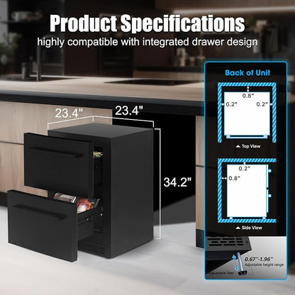 24Inch Double Drawer Refrigerator with Freezer,Under Counter Beverage Fridge for Indoor Outdoor Kitchen, Waterproof Black Stainless Steel Freezer for Freshness & Freezing Meat (-0.4℉ to 50℉)