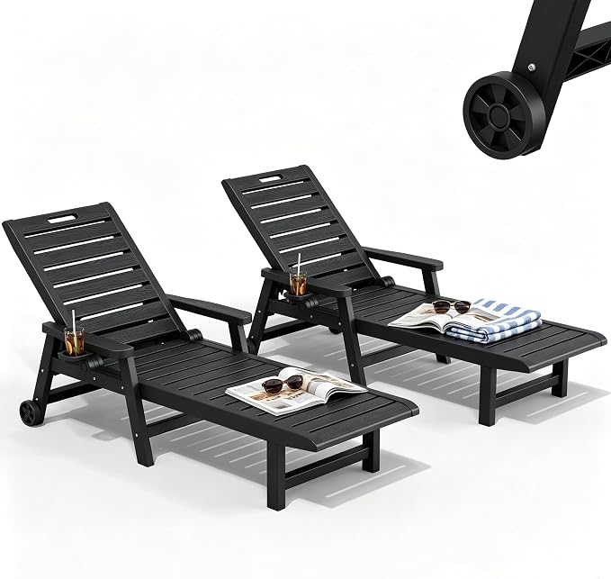 Outdoor Chaise Lounge Chair Set of 2, HDPE All-Weather Pool Lounge Chair with 5-Position Adjustable Backrest, Rolling Wheels & Cup Hoplder for Pool, Beach, Garden (Black)
