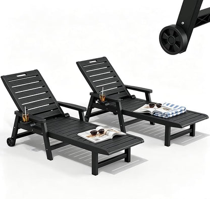 Outdoor Chaise Lounge Chair Set of 2, HDPE All-Weather Pool Lounge Chair with 5-Position Adjustable Backrest, Rolling Wheels & Cup Hoplder for Pool, Beach, Garden (Black)