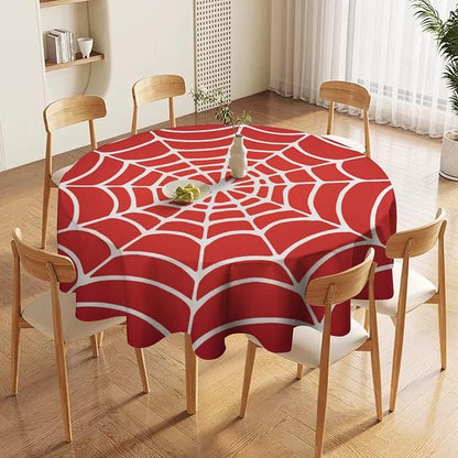 Spider Web Heros Tablecloth, White Spiderweb Red Cobweb Water Resistant Wipeable Table Cover for Picnic Party Holiday Kitchen Dinner Table 50"