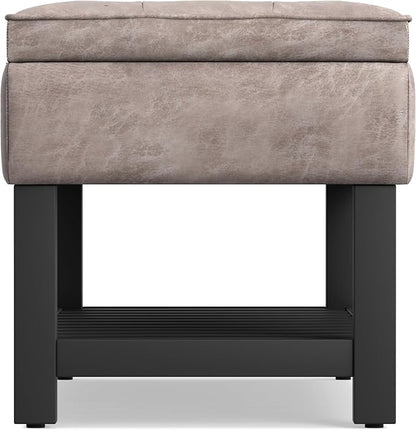 SIMPLIHOME Cosmopolitan Storage Ottoman Bench - 44 inch Wide Upholstered Vegan Leather Rectangle Storage Ottoman in Distressed Grey Taupe, Transitional Bench for Bedroom with Tufted Lift-Top and Shelf