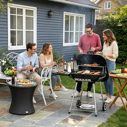Portable Charcoal Grill with Foldable Side Shelf & Bottom Shelf, BBQ Smoker with Wheels and Adjustable Lid Vents for Picnic, Camping, Backyard Cooking (35" x 23.5"x 32.75")