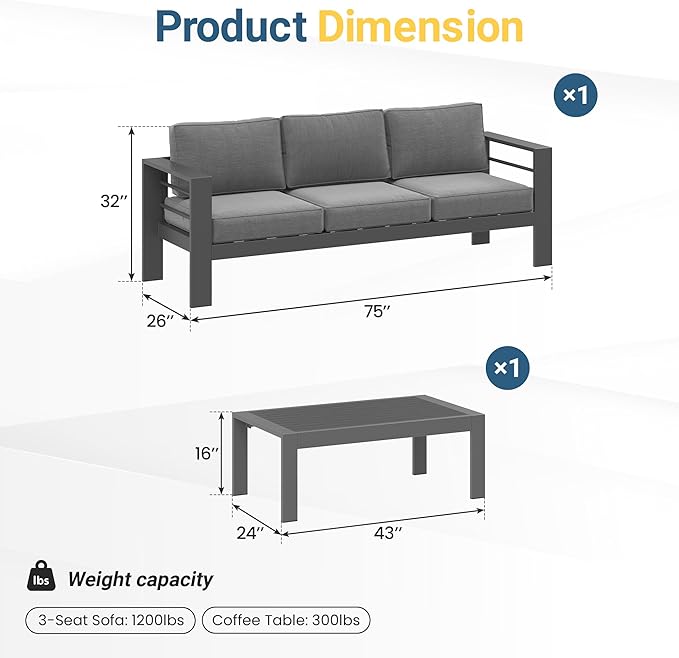 Wisteria Lane Metal Patio Furniture Set for All Weather, Oversized Heavy Duty Outdoor Furniture Set with Upgraded Cushion, Modern Outdoor Patio Couch Set for Garden, Balcony, Backyard, Dark Grey