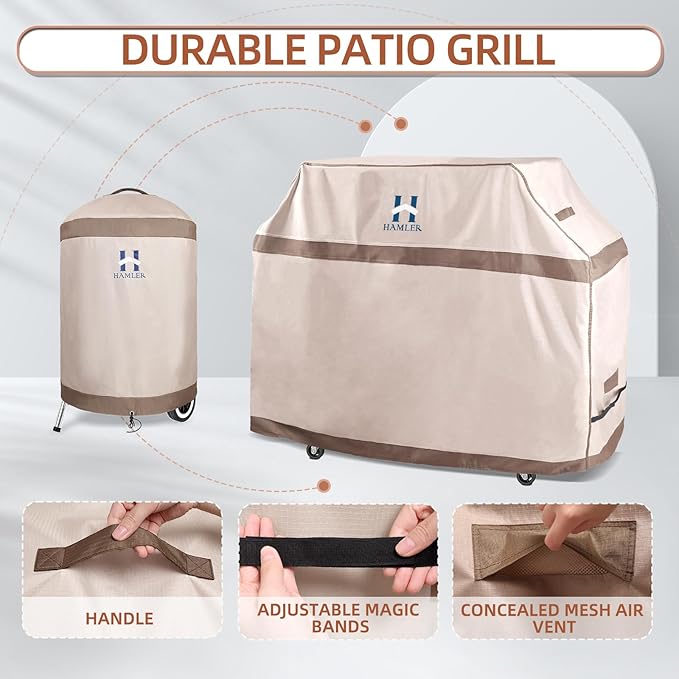 HAMLER Round Barbecue Cover, 39 Inch Small Smoker Cover, Heavy Duty Waterproof Outdoor Grill Cover Fits Weber, Charcoal Kettle, Masterbuilt, Dyna-Glo, Brown & Beige