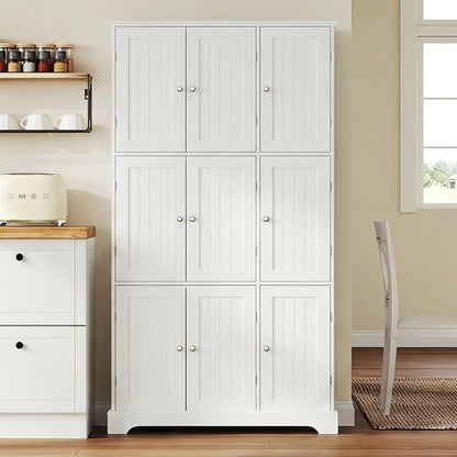 ChooChoo 63.2" Tall Bathroom Storage Cabinet with 9 Doors | Narrow Floor Cabinet, Adjustable Shelves, Slim Pantry Cabinet for Bathroom, Kitchen, Laundry Room, White