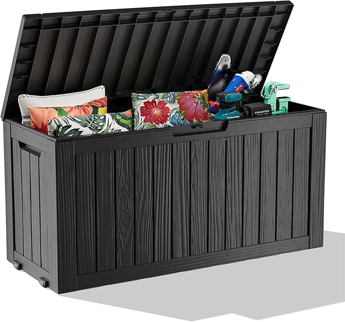 PatioZen 90 Gallon Deck Box Outdoor, Weatherproof Resin Patio Storage Box, Waterproof Outdoor Storage Boxes with Lid Lockable for Cushions, Garden Tools,Black