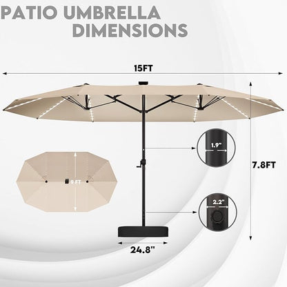 GDPFN 15ft Large Patio Umbrella with Solar Lights, Outdoor Double-Side Rectangular Umbrella with Base Included, Backyard Pool Umbrella with LED Light for Deck, Outside, Market, Beige