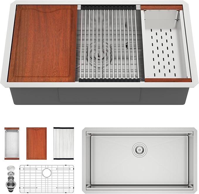 30x19 In Undermount Kitchen Sink Workstation 304 Stainless Steel 16 Gauge Handmade Under Counter Single Bowl Modern Deep Kitchen Sink Basin,LOF-B9991