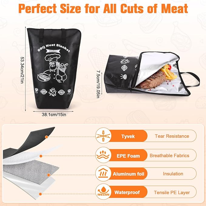 BBQ Blanket for Resting Meat – 5-Layer Insulated Brisket Blanket & Meat Resting Bag, Keeps Brisket, Turkey, Pork Shoulder & Ribs Juicy, Smoker Grill Accessories & BBQ Gifts for Men, Dads -- Black