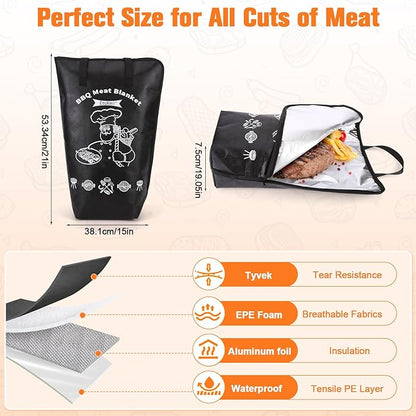 BBQ Blanket for Resting Meat – 5-Layer Insulated Brisket Blanket & Meat Resting Bag, Keeps Brisket, Turkey, Pork Shoulder & Ribs Juicy, Smoker Grill Accessories & BBQ Gifts for Men, Dads -- Black