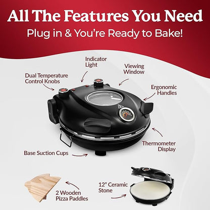 PIEZANO 12 Inch Electric Indoor Pizza Oven Heats up to 800˚F - Pizza Maker with Ceramic Stone for Crispy Crust Pizza, Cooks in Under 6 Minutes, Countertop, Dual Heat Control, Peels & Scraper Included