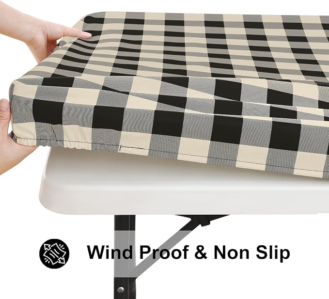 Smiry Rectangle Picnic Table Cloth, Elastic Waterproof Fitted Vinyl Tablecloths, Flannel Backed Buffalo Plaid Table Covers for Dining, Camping, Outdoor (Black and Beige, 30" x 72")