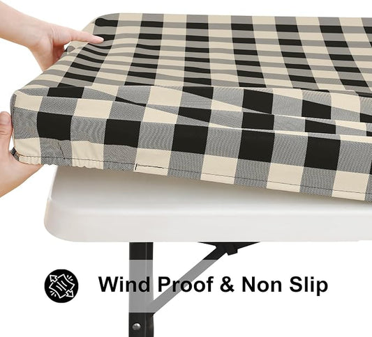 Smiry Rectangle Picnic Table Cloth, Elastic Waterproof Fitted Vinyl Tablecloths, Flannel Backed Buffalo Plaid Table Covers for Dining, Camping, Outdoor (Black and Beige, 30" x 96")