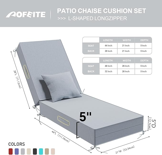 Outdoor Water-Resistant Olefin Chaise Lounge Cushions with Pillow, Weather and Fade Resistant Patio Furniture Lounge Chair Cushion Ideal for Patio, Lawn, Garden, Light Gray, 72"L x 21"W x 5"T