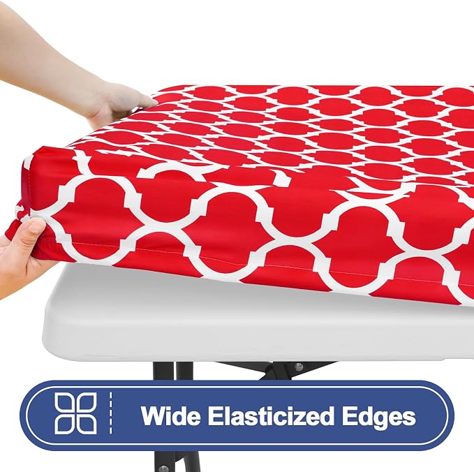 Smiry 2 Pack Rectangle Table Cloth 5 Foot, Waterproof Elastic Fitted Tablecloths, Windproof Washable Polyester Table Cover for Picnic, Camping, Outdoor (Red, 30"x60")