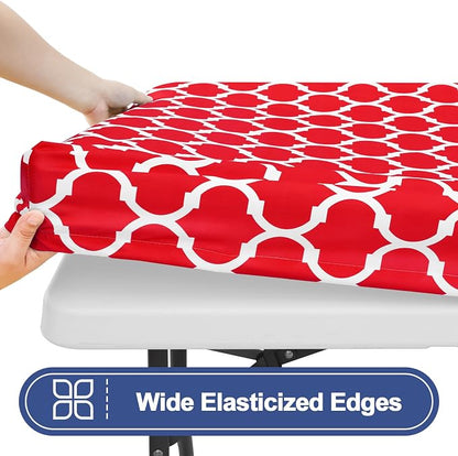 Smiry 2 Pack Rectangle Table Cloth 5 Foot, Waterproof Elastic Fitted Tablecloths, Windproof Washable Polyester Table Cover for Picnic, Camping, Outdoor (Red, 30"x60")