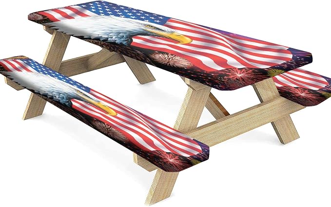 American Flag Picnic Fitted Tablecloth with Benches Covers, 4th of July Elastic Edge Fitted Table Cover, 28x72 Inch, 3 Piece Set, Red Blue, for Indoor/Outdoor Picnic, BBQ and Dining Room Use