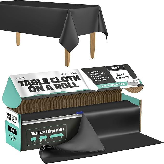 Tablecloth Roll – 54" X 110' Black Premium Plastic Table Cloths with Cutter Box - Cut to Size - Decorative Rectangle Table Cover Smooth Tablecloth - Disposable Tablecloths for Parties, Weddings.